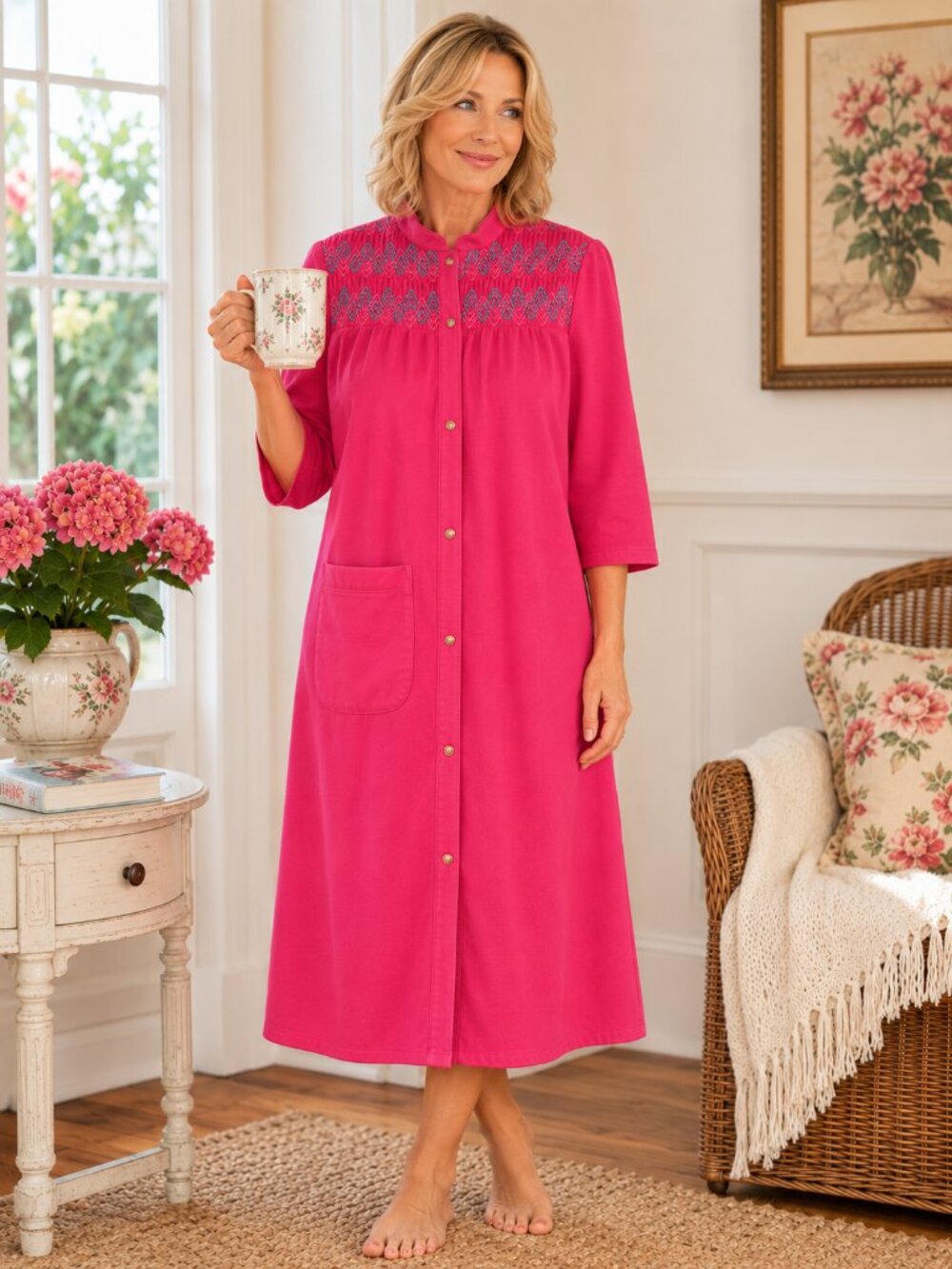 Vintage 80s Vandemere Velour Housecoat Robe Pink Smocked Embroidered USA Medium